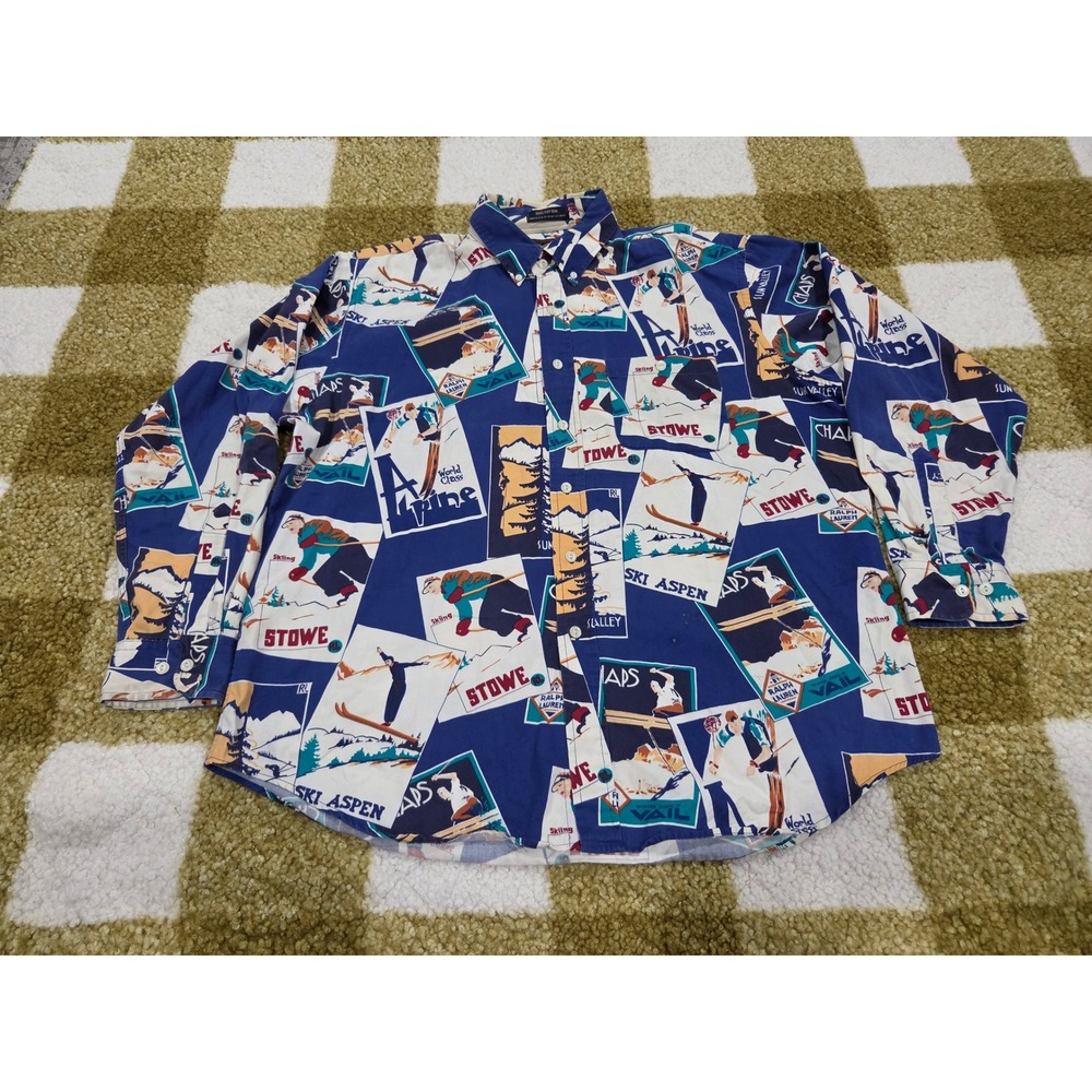 Vintage Chaps Ralph Lauren Ski Poster Print Shirt XL Alpine Aspen Stowe USA Made